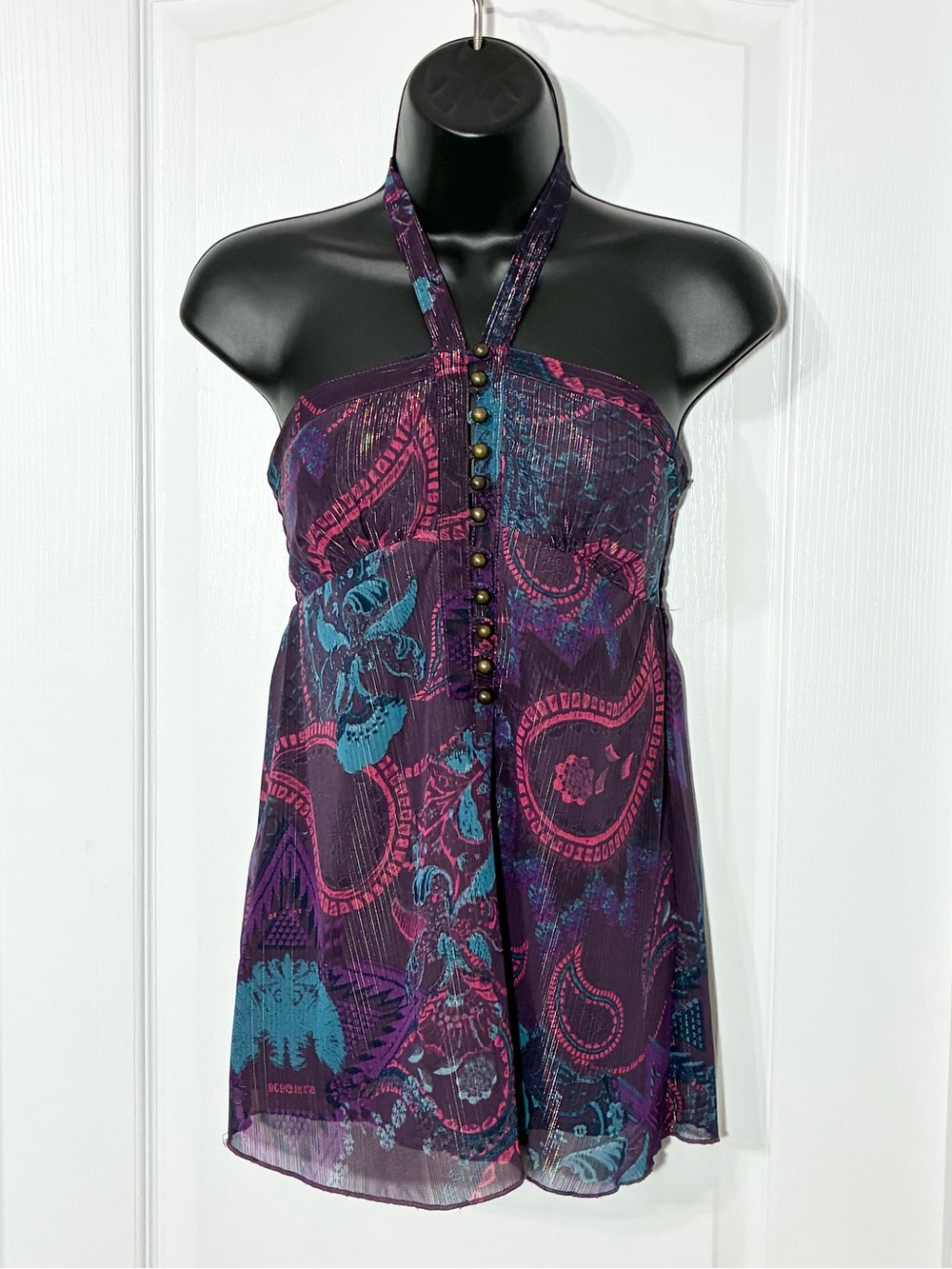 Y2K BCBGirls Sheer Paisley Metallic Empire Waist Smocked Halter Top Purple XS